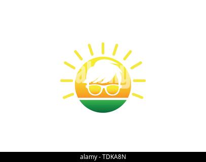 Geek Kopf mit Frisur Tragen einer Brille für Logo Design Illustration, in Form einer Sonne Sonnenuntergang Symbol Stock Vektor