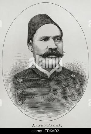 Arabí Pascha (1841-1911). Militar, líder Nacional Revolucionario que luchó egipcio y contra la ocupación inglesa de Egipto. Ministro de Guerra durante El reinado de Tewfik Pasha. Grabado. La Ilustración Española y Americana, 15 de Oct de 1882. Stockfoto