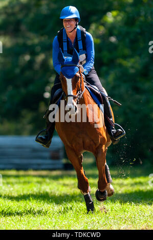 Raeford, North Carolina, USA. 16 Juni, 2019. Juni 15, 2019 - Raeford, North Carolina, USA - MICHELLE FRAZIER, rauhe Caucus konkurriert im Langlauf an der 2019 War Horse Event Reihe, 15. Juni bei Carolina Horse Park in Raeford, N.C. In 2013 gegründet, als die Kabine Zweig Veranstaltungsreihe, die Krieg Pferd Veranstaltungsreihe besteht aus fünf horse trials und kombinierte Tests und zieht die Reiter und ihre Pferde aus über dem Osten der Vereinigten Staaten. Credit: Timothy L. Hale/ZUMA Draht/Alamy leben Nachrichten Stockfoto