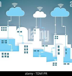 Cloud Computing Connectivity Papier Ausschnitt City Netzwerk - WLAN-Internetverbindung Konzept, EPS 10 gruppiert und Layered Stock Vektor