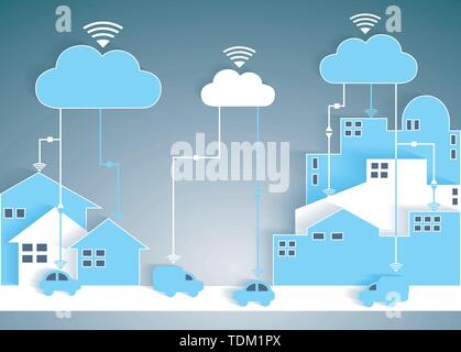 Cloud Computing Papier Ausschnitt Stadt und Vorstadt Netzwerk - WLAN-Internetverbindung Konzept, EPS 10 gruppiert und Layered Stock Vektor