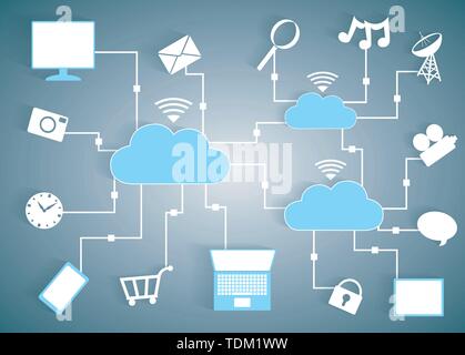 Cloud Computing Papier ausgeschnittene Symbole BYOD Geräte Netzwerk - WLAN-Internetverbindung Konzept, EPS 10 gruppiert und Layered Stock Vektor