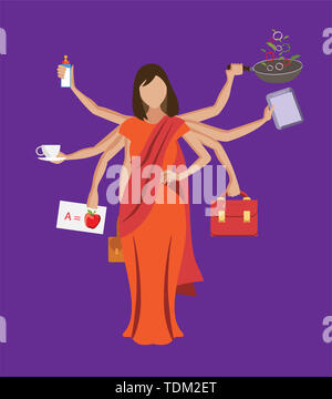 Indische Multitasking Frau balancing Leben mit mehreren Händen Vector Illustration. Stockfoto