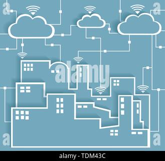 Cloud Computing Connectivity Papier Ausschnitt Sticker City Netzwerk WLAN Internetverbindung Konzept, EPS 10 gruppiert und Layered Stock Vektor