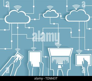 Cloud Computing Papier Ausschnitt Aufkleber BYOD Geräte Netzwerk WLAN Internetverbindung Konzept, EPS 10 gruppiert und Layered Stock Vektor