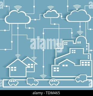 Cloud Computing Papier Ausschnitt Aufkleber Stadt und Vorstadt Netzwerk WLAN Internetverbindung Konzept, EPS 10 gruppiert und Layered Stock Vektor