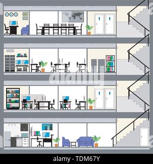 Cutaway Bürogebäude mit Innenarchitektur Planung Detaillierte gruppiert und geschichteten EPS 10. Stock Vektor