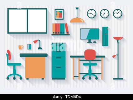 Büro mit Aktenschrank Möbel und Armaturen lange Schatten - Alle Gegenstände, die separat gruppiert und leicht zu verschieben oder zu bearbeiten Stock Vektor