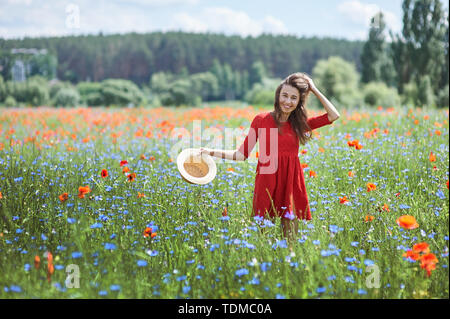 Reizende junge romantische Frau im Stroh Hut auf poppy flower Feld auf Hintergrund Sommer posieren. Tragen Strohhut. Sanfte Farben Stockfoto