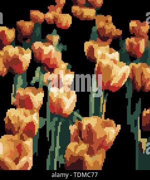 Pixel Kunst mit orange Tulpen. Drucken. Abstrakte Mosaik Tulpen Blumen mit grünem Stengel und Blüten auf schwarzem Hintergrund Stockfoto
