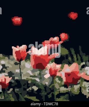 Pixel-art mit Rosen und Tulpen. Drucken. Abstrakte Mosaik Tulpen Blumen mit grünem Stengel und Blüten auf schwarzem Hintergrund Stockfoto