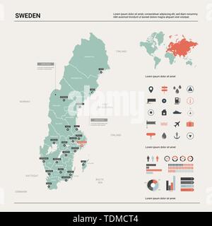 Vektorkarte von Schweden. Land Karte mit Division, Städte und Hauptstadt Stockholm. Politische Landkarte, Weltkarte, infografik Elemente. Stock Vektor