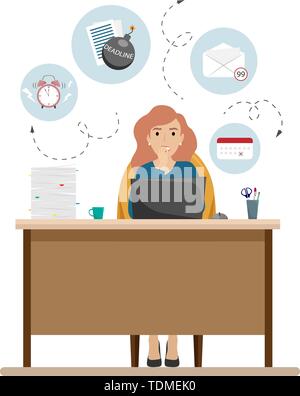 Das Mädchen ist nervös über die Frist. Eine Menge Fälle, Termine, der Mangel an Zeit. Flache Cartoon Stil Vector Illustration Stock Vektor