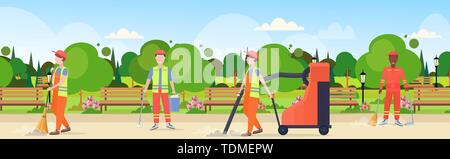 Straßenreinigung Team in Uniform gemeinsam mix Rennen, männliche Arbeitnehmer Reinigung Service Konzept moderne Stadt städtischen Park Landschaft Hintergrund Flachbild voll Stock Vektor