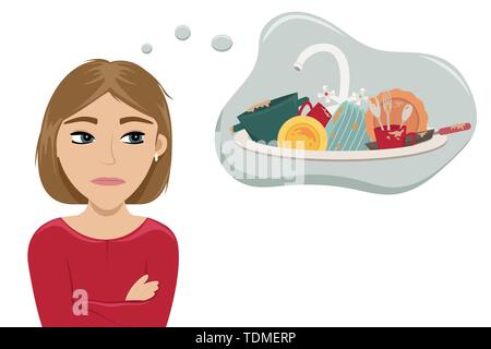 Das Mädchen beschwert, erinnert an das schmutzige Geschirr in der Küche. Home Routine. Flache Cartoon Stil Vector Illustration Stock Vektor