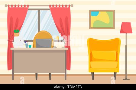 Home Office. Gemütliches Wohnzimmer mit Schreibtisch. Remote arbeiten. Freelance. Flache Cartoon Stil Vector Illustration Stock Vektor