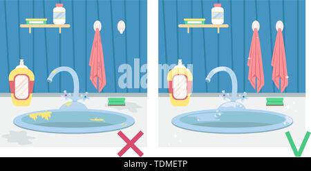 Dreckige Spülbecken und sauberes Waschbecken. Abbildung vor und nach. Hausarbeit. Flache Cartoon Stil Vector Illustration Stock Vektor