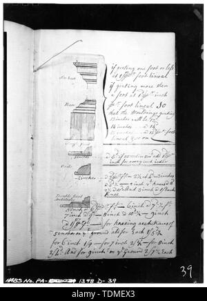 Fotokopien der TITELSEITE, Exlibris, TEILNAHMEZERTIFIKAT UND PLATTEN ZUR VERANSCHAULICHUNG BEISPIELE DER TISCHLER' ARBEIT IN DEN ARTIKELN DER ZIMMERLEUTE "GESELLSCHAFT VON PHILADELPHIA UND IHRE VORSCHRIFTEN FÜR DIE MESSUNG UND BEWERTUNG DES HAUS SCHREINER veröffentlichte Arbeit (Philadelphia - Halle und Sellars, 1786). - Schreiner Firma, Rule Book (Schreinerei), Philadelphia, Philadelphia County, PA Stockfoto