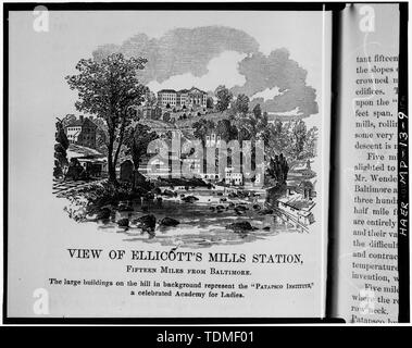 Von FOTOKOPIE DES 'ANSICHT DES ELLICOTT MÜHLEN STATION, "DAS BUCH DER GROSSEN BAHN FEIERN VON 1857, Teil I - Baltimore und Ohio Railroad, die Ellicott Mühlen Station, Südseite der State Route 144, Ellicott City, Howard County, MD Stockfoto