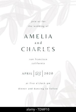 Einfache typografische Stil einladung hochzeit in Weiß und Grau mit dekorativen botanische Elemente. Das moderne und stilvolle 5 x 7 Zoll Grußkarte, speichern Stock Vektor