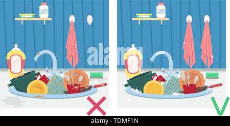 Spüle mit schmutziges Geschirr und sauberes Geschirr. Abbildung vor und nach. Hausarbeit. Flache Cartoon Stil Vector Illustration Stock Vektor