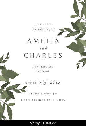 Einfache typografische Stil einladung hochzeit in Weiß und Grau mit dekorativem Grün Elemente. Das moderne und stilvolle 5 x 7 Zoll Grußkarte, Speichern t Stock Vektor