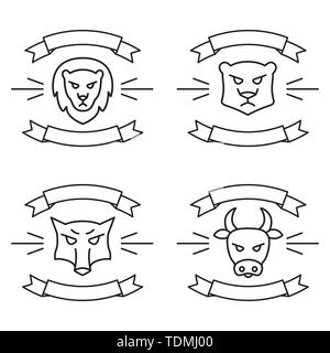 Satz von Symbolen oder Logos, mit Bändern, mit Wild- und Nutztiere. Vector Illustration in linearen Stil. Stock Vektor