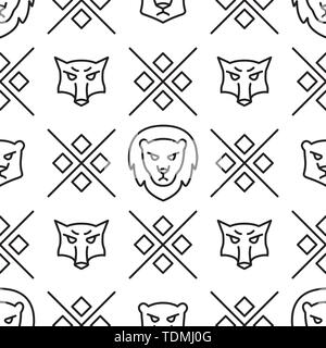 Linear seamless pattern with wild wolves and lions Vector line illustration Stock Vektor