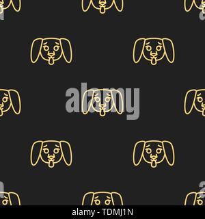 Nahtlose Muster für Textilien mit niedlichen Welpen auf einem schwarzen Hintergrund. Vector Illustration in Linienstil Stock Vektor