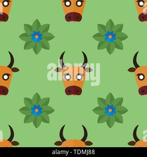 Nahtlose Muster für Textilien mit Kühen und Blumen auf einem hellen, grünen Hintergrund. Vector Illustration im flachen Stil Stock Vektor