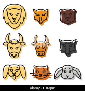 Satz von Symbolen oder Logos mit inländischen, Wild- und Nutztieren Vector Illustration in linearen Stil. Stock Vektor