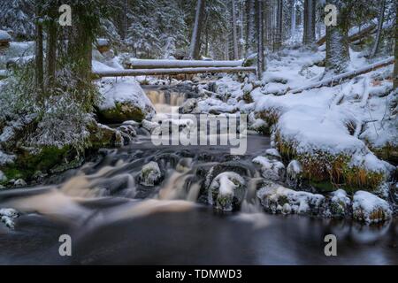 Winterlandschaft an Hammerbach, langfristige Exposition, Nationalpark Sumava, Böhmerwald, Tschechien Stockfoto