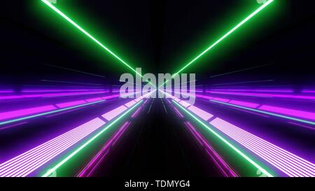 Multi Color Light Tunnel mit violetten Licht und Reflexionen Stockfoto