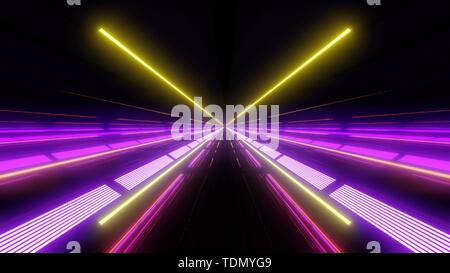 Multi Color Light Tunnel mit violetten Licht und Reflexionen Stockfoto