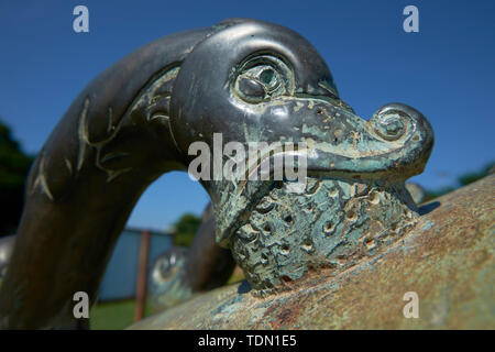 Detail von einem Fisch auf einem alten Canon am Fort Cornwallis in Georgetown, Penang, Malaysia. Stockfoto