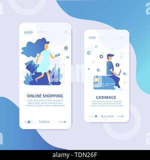 Landing Page Template für Online Shopping mit flachen Menschen Zeichen und Taschen. Konzept für die Website Banner, mobile App vorlagen, e Commerce, di Stock Vektor