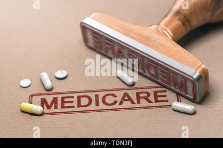 3D-Abbildung: ein Stempel mit dem Text Medicare und Pillen über Papier Hintergrund. Stockfoto