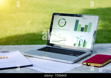 Laptop und geschäftliche Dokumente Bericht über Tablet im Garten Stockfoto