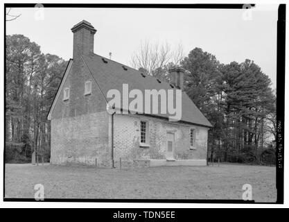 Perspektivische Ansicht des Kiskiack, Blick von Südosten im Osten (hinten) Höhe und südlich Gable End-Kiskiack, Naval Mine Depot, State Route 238 Nähe, Yorktown, York County, VA Stockfoto