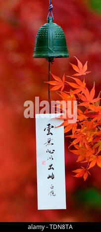 Pfister und Ahornblaetter Windglocke in Herbstfarben, Windglocken, Furin, Tempelglocke, Windspiel, Acer palmatum, Papierstreifen Stockfoto