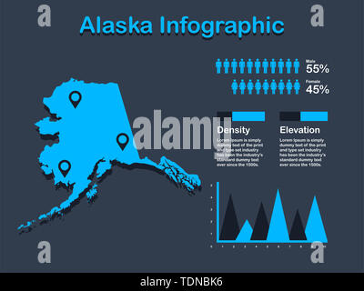 Alaska State (USA) Karte mit Infografik Elemente in blauer Farbe in dunklen Hintergrund. Moderne grafische Element für Ihre Konstruktion. Stockfoto