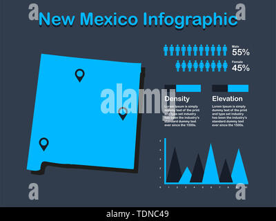 New Mexico State (USA) Karte mit Infografik Elemente in blauer Farbe in dunklen Hintergrund. Moderne grafische Element für Ihre Konstruktion. Stockfoto