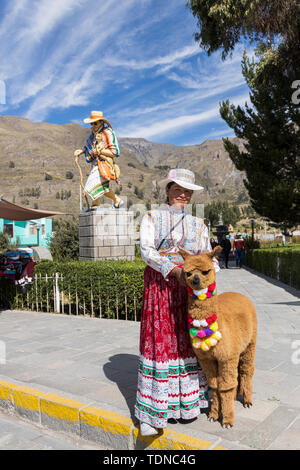 Lokale Frau in traditioneller Kleidung mit einem Lama stellt in der Plaza von Maca, Colca Canyon, Peru, Südamerika, Stockfoto