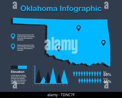 Oklahoma State (USA) Karte mit Infografik Elemente in blauer Farbe in dunklen Hintergrund. Moderne grafische Element für Ihre Konstruktion. Stockfoto