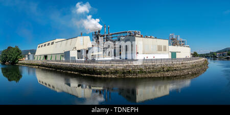 Ansicht der industriellen Fabrik in der Nähe von einem Fluss mit Rohren weißer Rauch. FINSA A Coruña, Galicien, Spanien Stockfoto