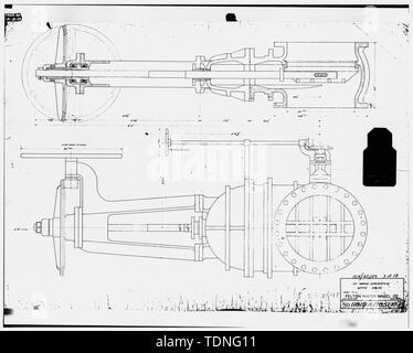 Fotokopie des microfiched Bau Zeichnung von Pelton Wasser Rad Company, San Francisco, Kalifornien, USA, vom 8. Februar, 1934. (Microfiched Zeichnung an der Denver Service Center, -104-60154 - 3 von 18) 24' HANDBETÄTIGTE SCHIEBER - Yosemite Wasserkraftwerk, Highways 120 und 140, Yosemite Village, Mariposa County, CA Stockfoto