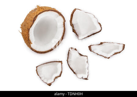 Kokosnuss auf weißem Hintergrund. Ansicht von oben. Flach Stockfoto