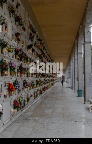 Korridor von Gräbern und Beerdigung Nischen in der Perspektive auf dem Friedhof von Parma. Nachdem alle, eine Person besucht einen verstorbenen Verwandten. Stockfoto