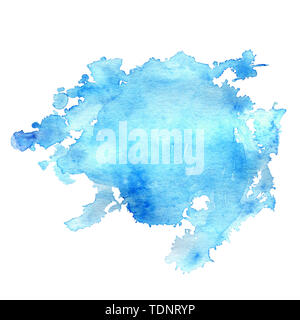 Aquarell tupfen Blau mit Spritzer und Flecken. Isolierte blauen Fleck auf weissem Hintergrund. Gezeichnet von Hand. Stockfoto