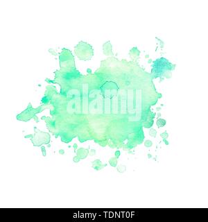 Aquarell blot von Aqua mit Spritzern und Scheidungen. Isolierte neon grün Fleck auf einem weißen Hintergrund. Grüne Tupfen von Hand gezeichnet. Stockfoto